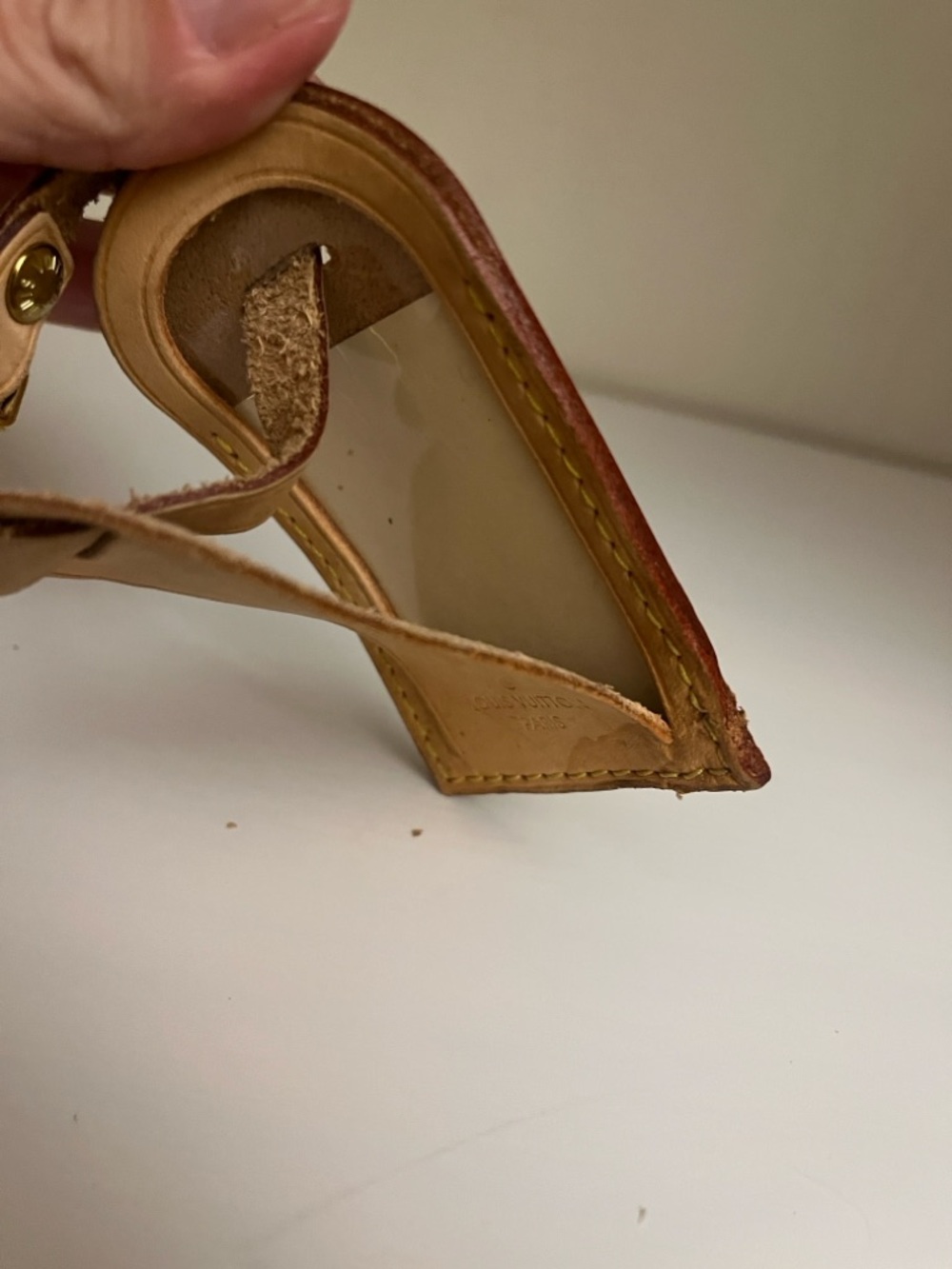 Louis Vuitton Tan Leather Luggage Tag with Yellow Stitching - Picture 7 of 10